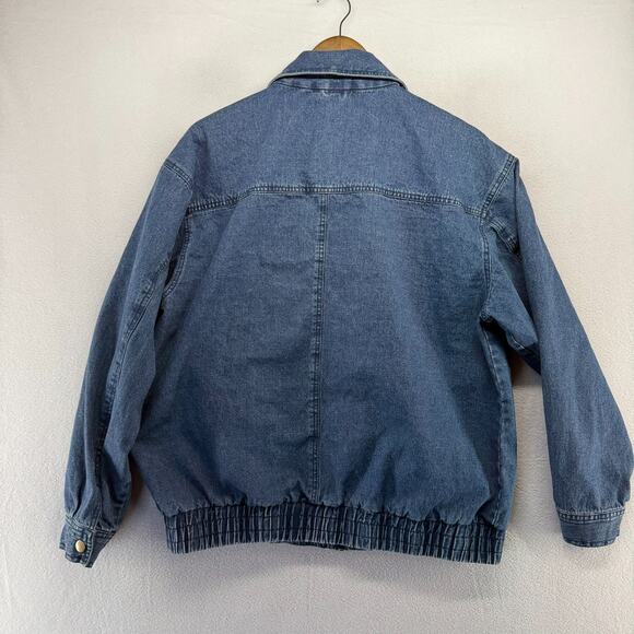Vintage Navy Denim Bomber Jacket Mens Large Blue Cropped Boxy Elastic Collar 90s - Picture 7 of 9
